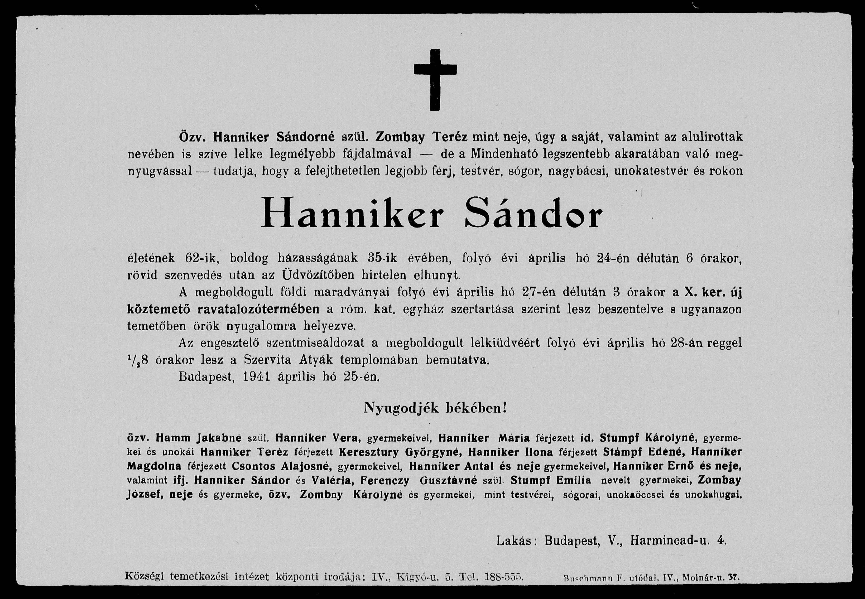Hanniker Sándor temetési értesítője